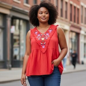 Time & Tru XXL Red Top Babydoll Swiss Dot Embroidered Floral Lined Keyhole Shirt